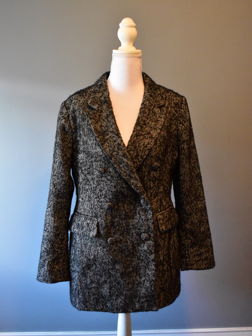 Womens Double-Breasted Herringbone Coat - Gray